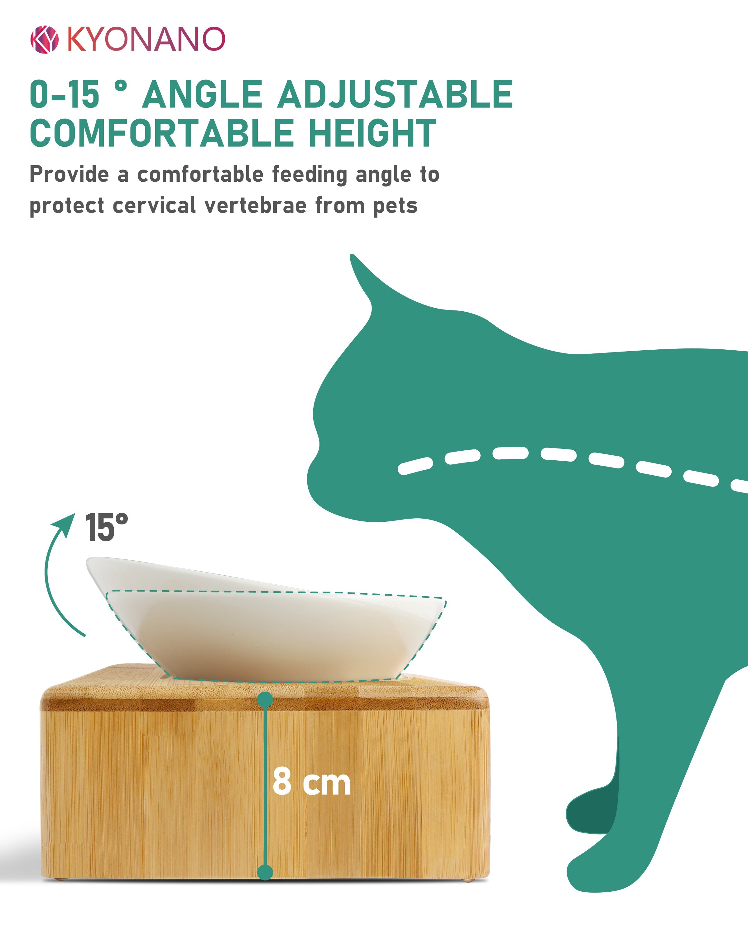 KYONANO Raised Pet Bowls for Cats and Small Dogs, Bamboo Elevated Dog Cat Food and Water Bowls Stand Feeder with 3 Ceramic Food Bowls for cat Grass or Food and Anti Slip Feet