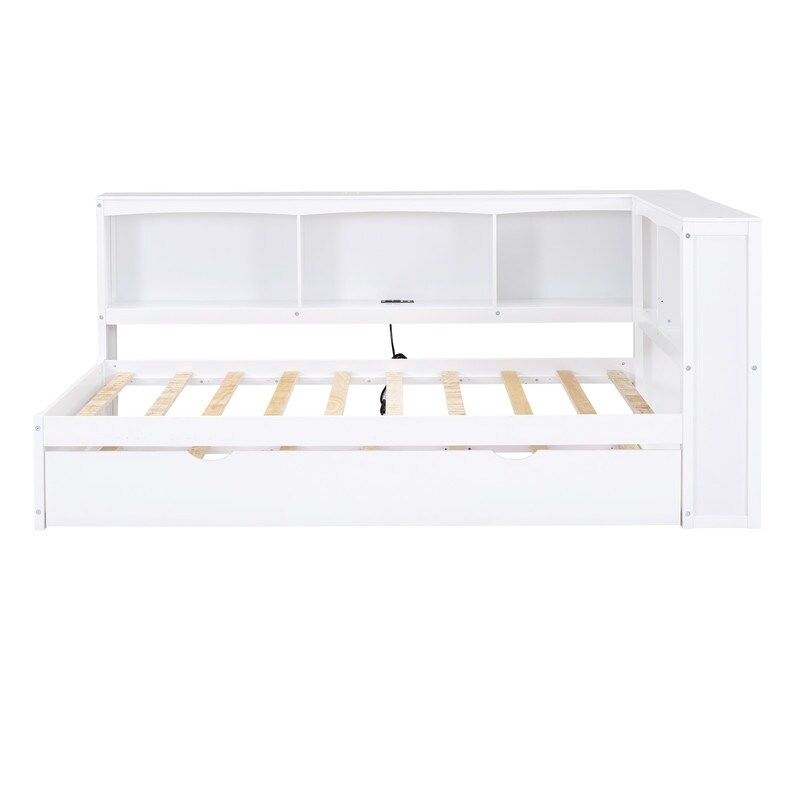 Twin Size Day Bed with Bookcases  Daybed with Trundle USB Ports and 5 Built in Storage Cabinets  Wood