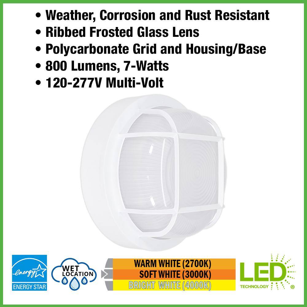 Hampton Bay Nautical Round White LED Outdoor Bulkhead Light Frost Glass Lens Corrosion Weather Resistant Non-Metallic Base (8-Pack) 504081010-8PK