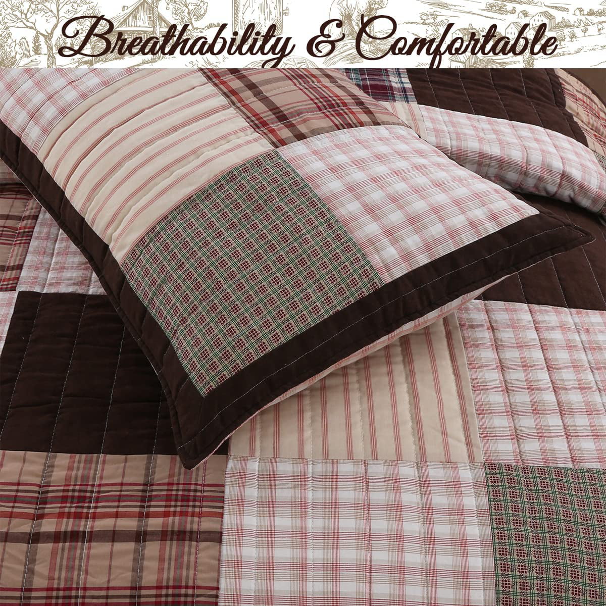 Cozy Line Heidi Chocolate Brown Plaid Grid Striped Real Patchwork 3-Piece Reversible Quilt Set， Queen Set