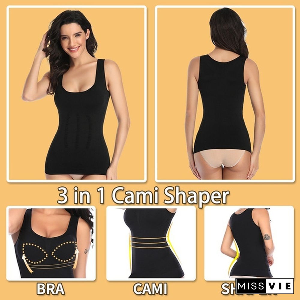 Women's Casual Cami Shaper Compression Shirt Tank Top with Padded Built in Bra Camisole Body Slimming Shapewear