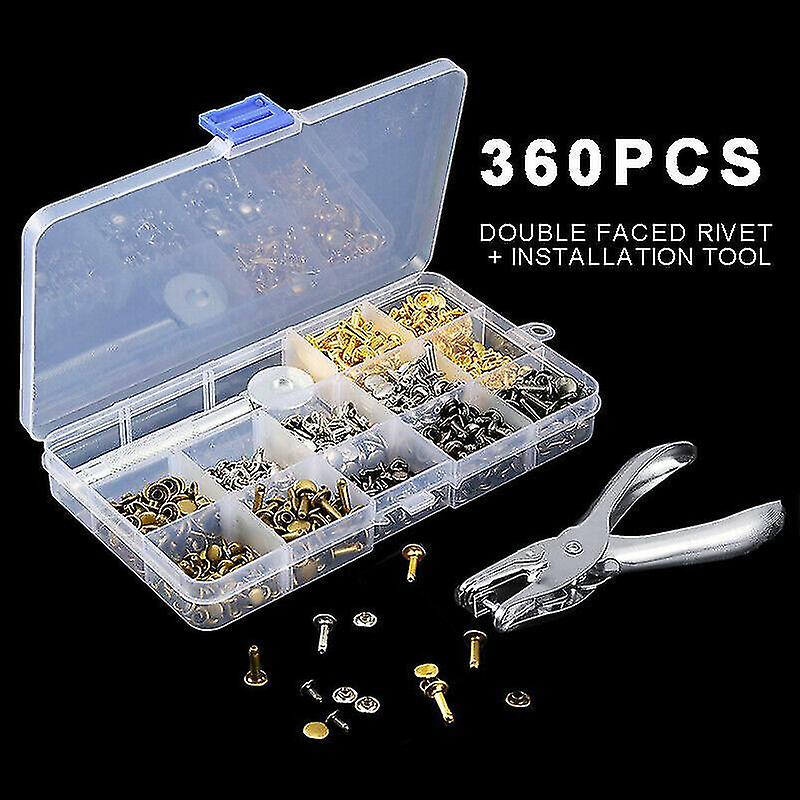 Leather Rivets Double Cap Metal Studs Fixing Tool and Hole Plier Kit.(silver+gold)(360pcs)