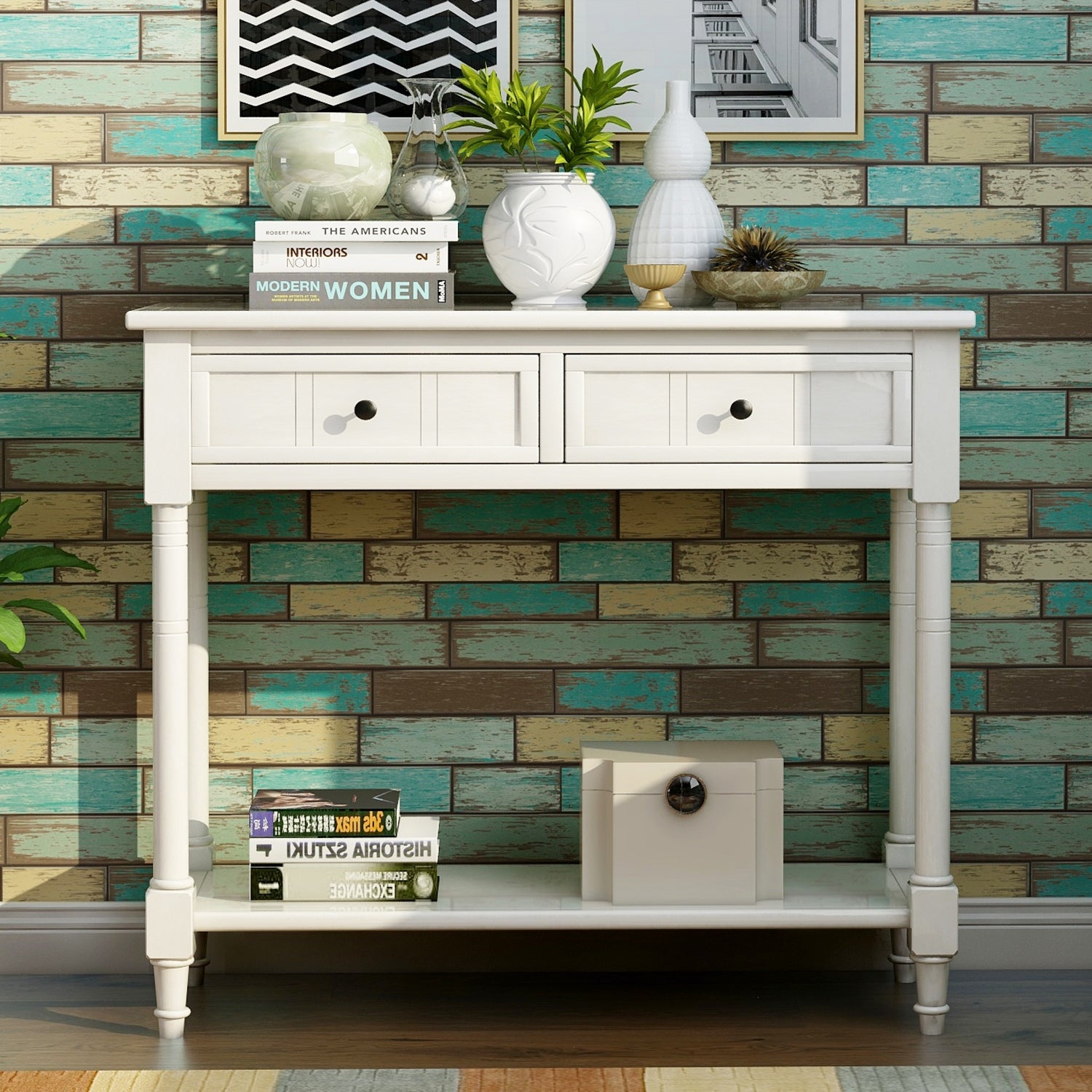 Console Entryway Table Traditional Design with Two Drawers and Bottom Shelf - 35.43*13.8*29.9INCH