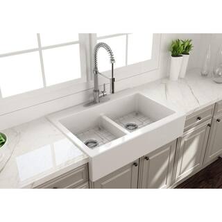 BOCCHI Nuova White Fireclay 34 in. Double Bowl Drop-In Apron Front Kitchen Sink with Protective Grids and Strainers 1501-001-0127