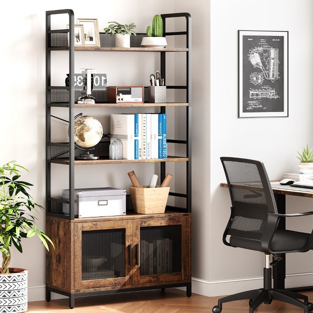 Trinity Bookshelf With Doors Industrial Bookcase With 4 Tiers Open Storage Shelf For Bedroom Living Room Home Office Brown