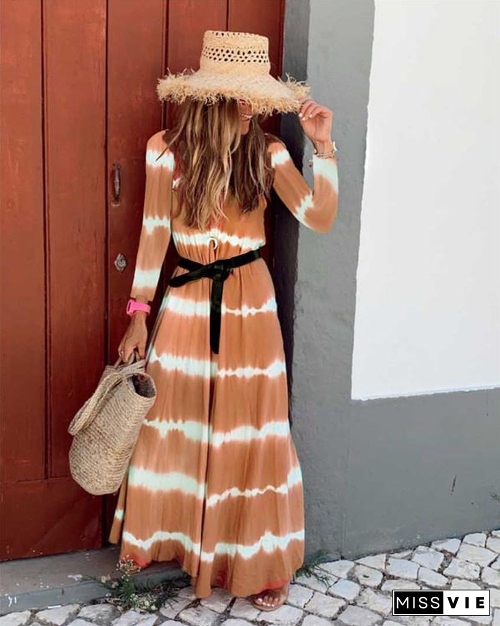 Fall Dress Wave Printed Long Sleeve Women's Maxi Dress