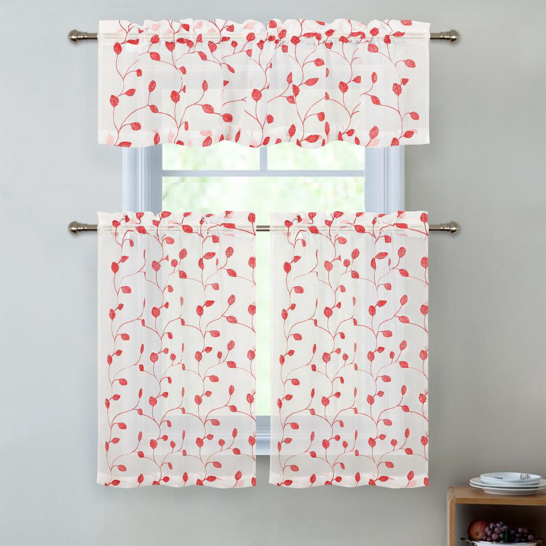 Metallic Shimmer Embroidered Floral Complete Kitchen Curtain Tier & Valance Set - Red