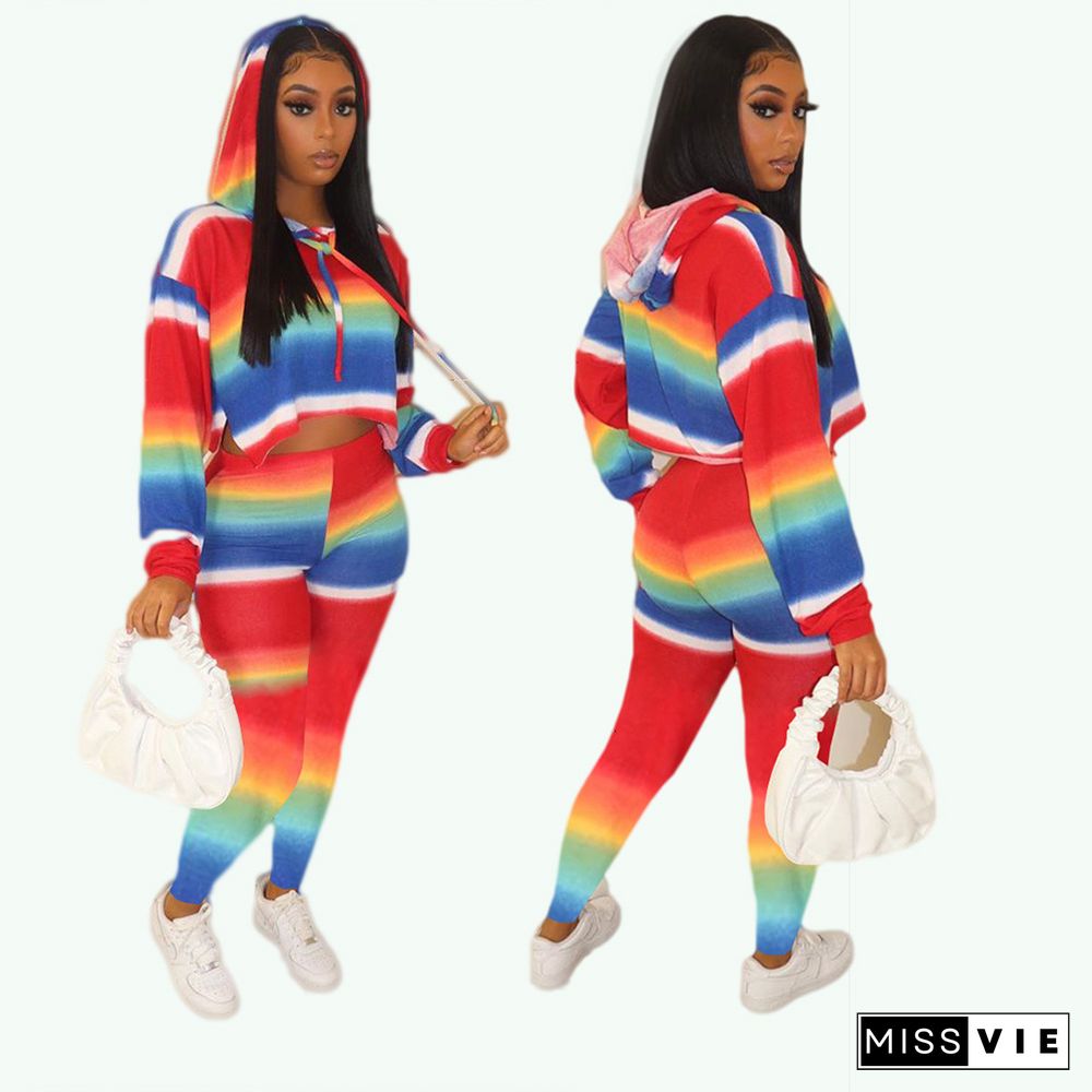 Autumn Rainbow Striped Print T-shirt Hoodies Pencil Pants Suit