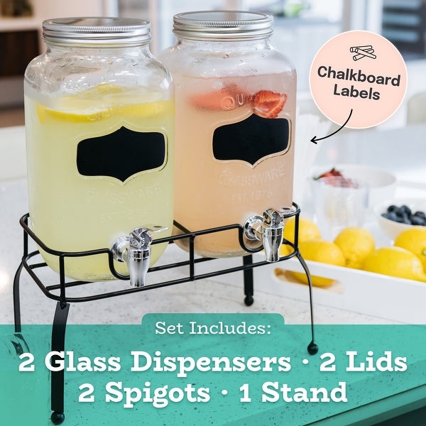 1 Gallon Double Glass Mason Jar Dispenser on Metal Stand with Spigot and Embossed Chalkboard and Chalk