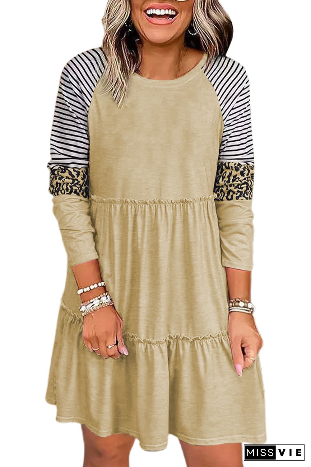 Striped Leopard Patchwork Long Sleeve Mini Dress