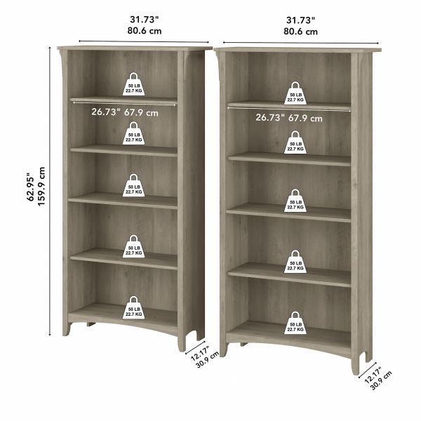 Bush Furniture Salinas Tall 5 Shelf Bookcase - Set of 2 in Driftwood Gray