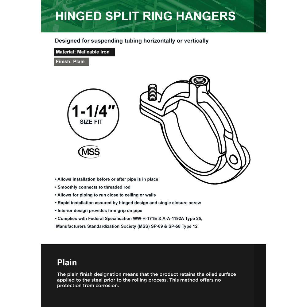 The Plumber's Choice 1-14 in. Hinged Split Ring Pipe Hanger Malleable Iron Clamp with 38 in. Rod Fitting for Suspending Tubing (5-Pack) 114HSHB-5