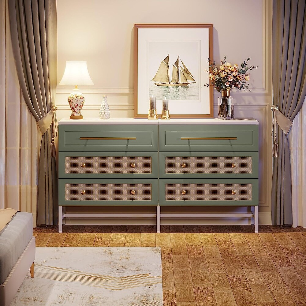 Modern Dresser 6 Drawer Dressers Chests of Drawers for Bedroom   White and Green