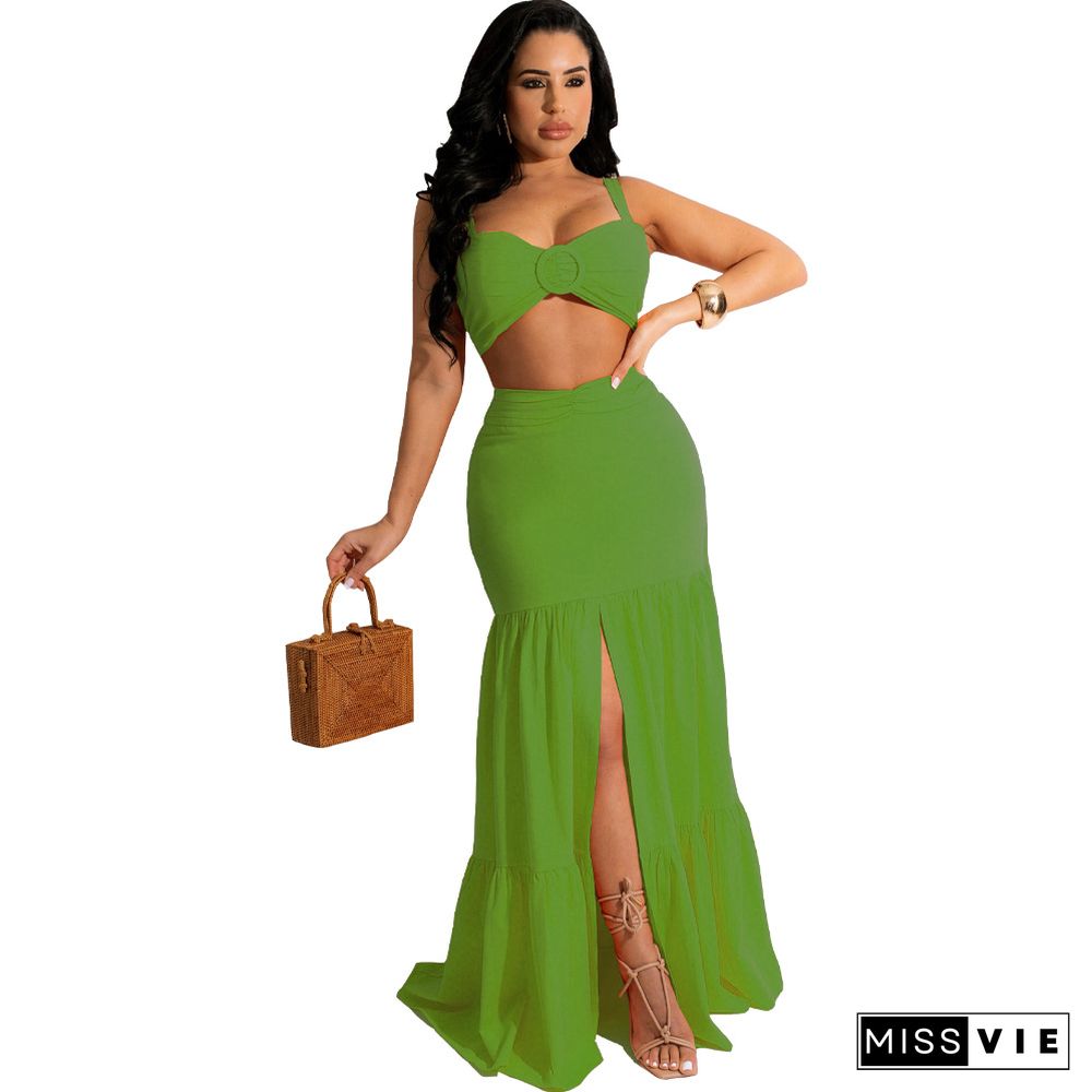 Solid Sleeveless Crop Top High Slit Maxi Skirt Set