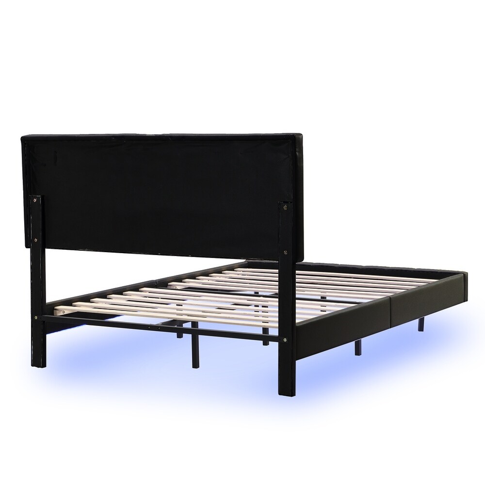 Floating Bed Frame with LED Lights and USB Charging Modern Upholstered Platform LED Bed Frame