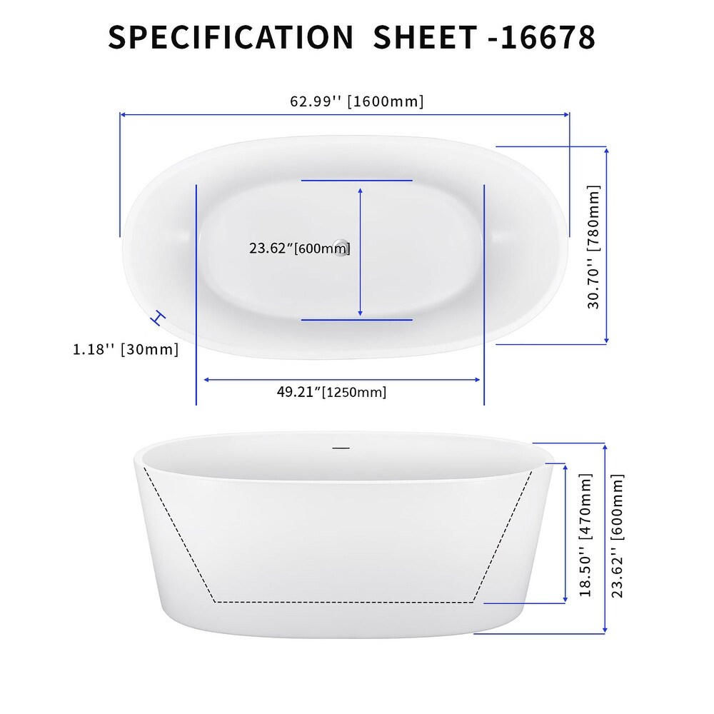 63 Inch Acrylic Freestanding Soaking Bathtub in White with Overflow and Drain