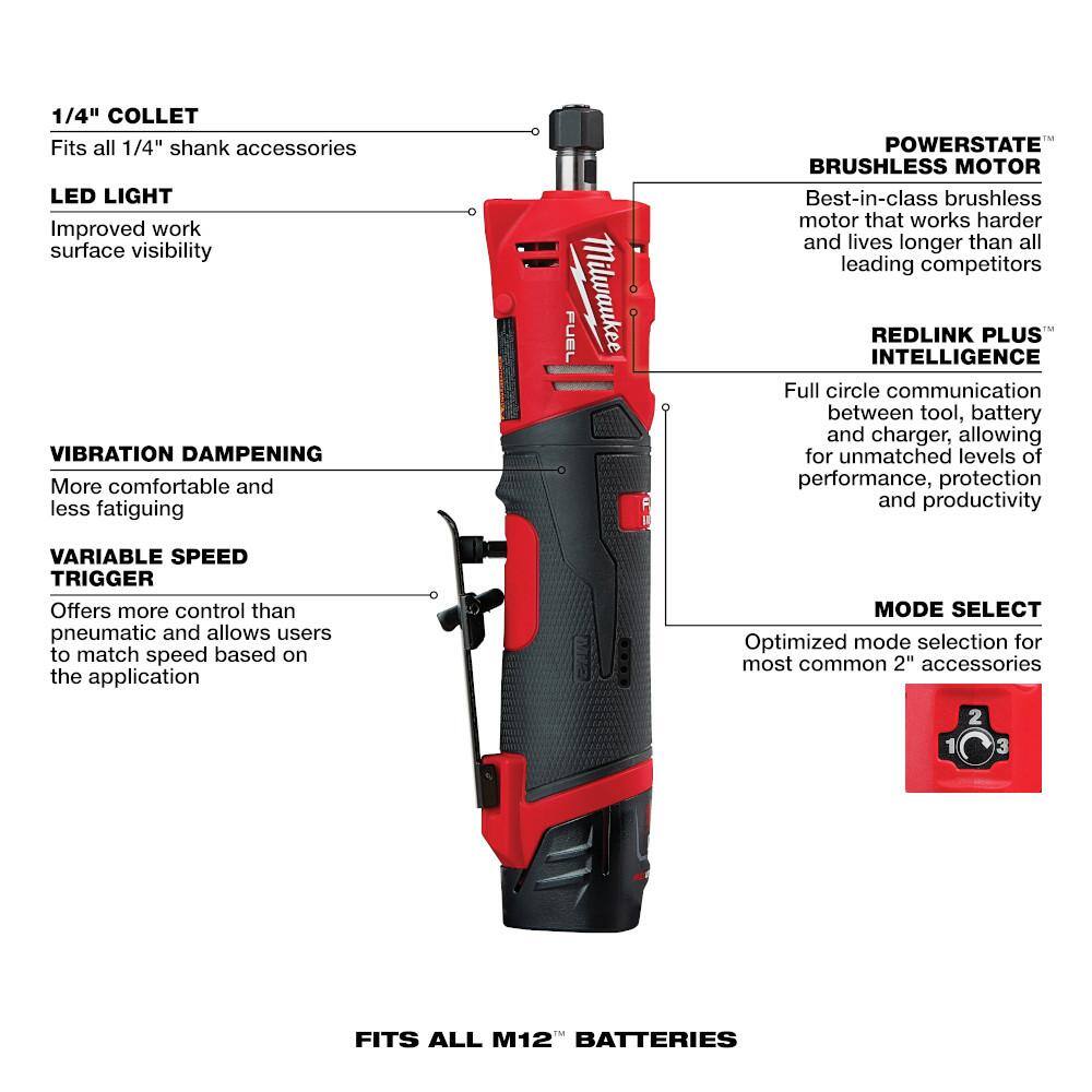 MW M12 FUEL 12V Lithium-Ion 14 in. Cordless Straight Die Grinder Kit wM12 38 in. Right Angle Drill 2486-22-2415-20