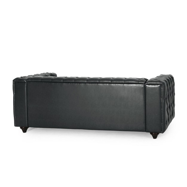 Sagewood Contemporary Faux Leather Tufted 3 Seater Sofa Midnight Black dark Brown Christopher Knight Home