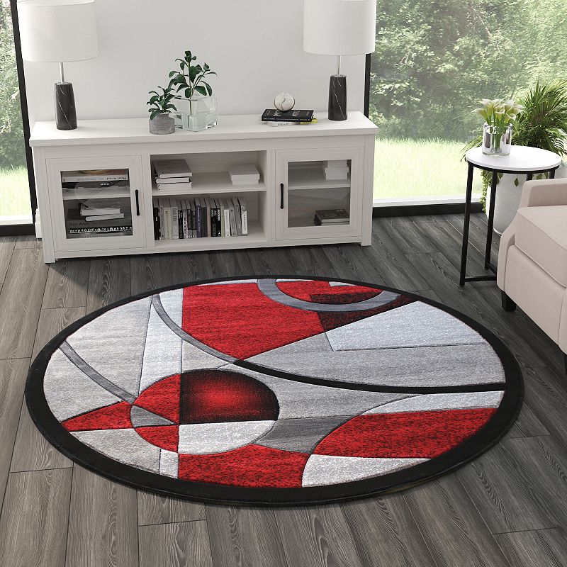 Masada Rugs Masada Rugs Sophia Collection 5'x5' Round Area Rug with Hand Sculpted Abstract Geometric Pattern in Red