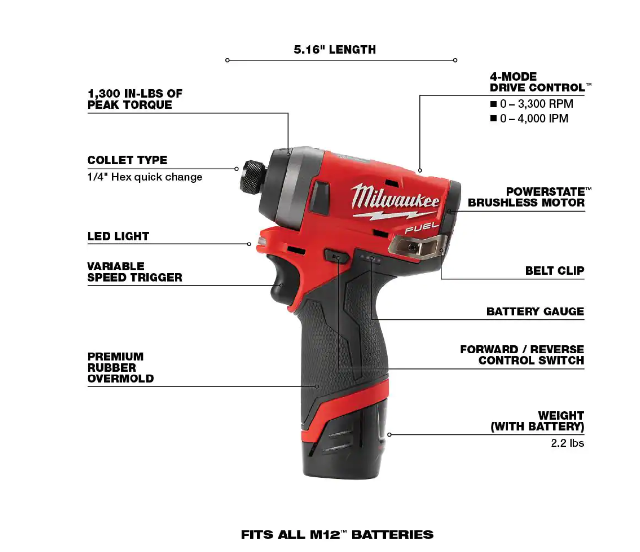 Milwaukee 2553-22-2364-20 M12 FUEL 12V Lithium-Ion Brushless Cordless 1/4 in. Hex Impact Driver Kit W/ M12 LED Flood Light