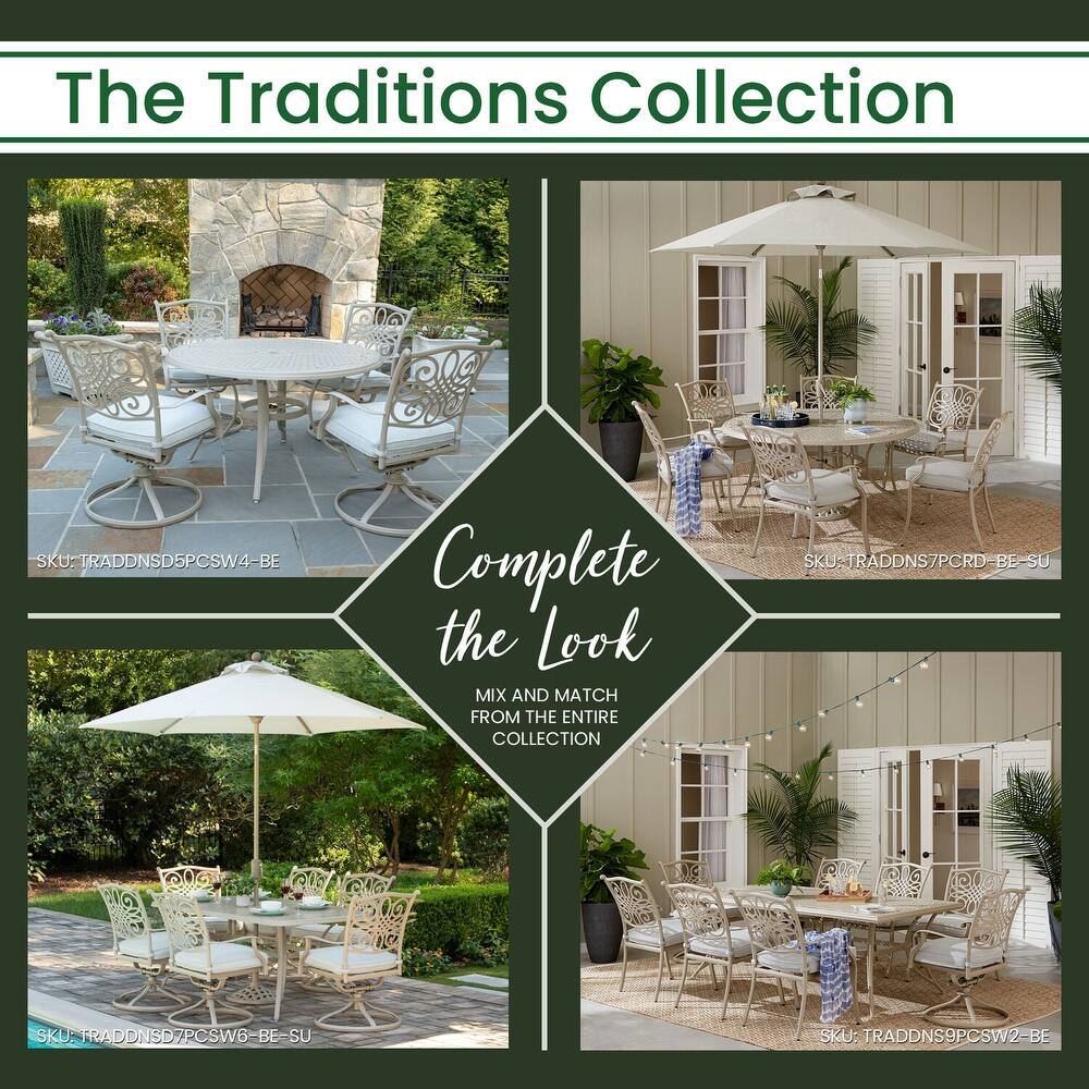 Hanover Traditions 7 Piece Dining Set with 4 Stationary Chairs  2 Swivel Rockers  and 38 In. x 72 In. Cast top Table  Sand