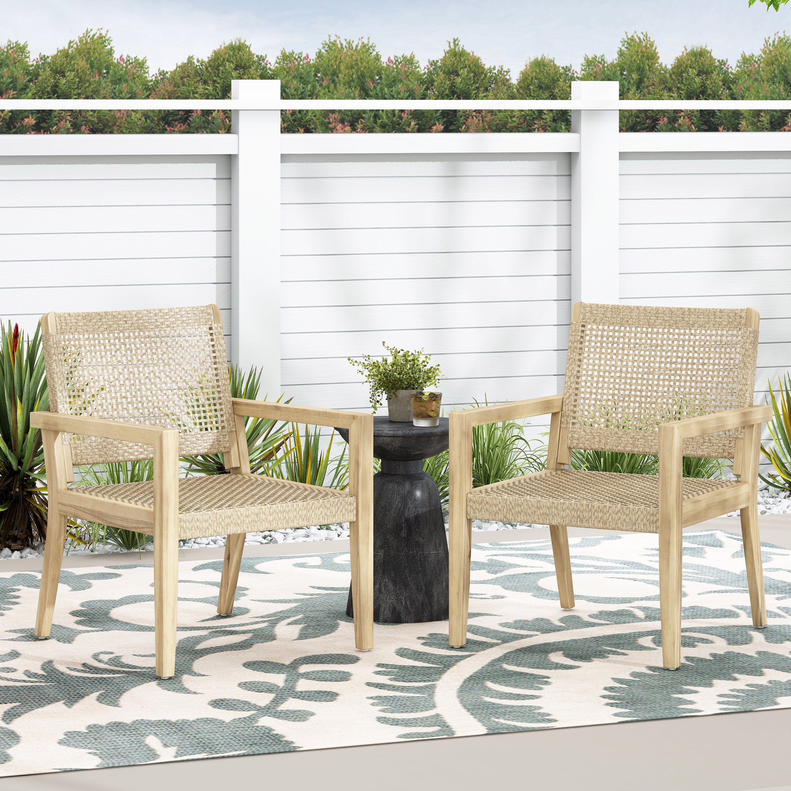 Elmcrest Outdoor Wicker and Acacia Wood Club Chairs, Set of 2, Light Multibrown and Light Brown