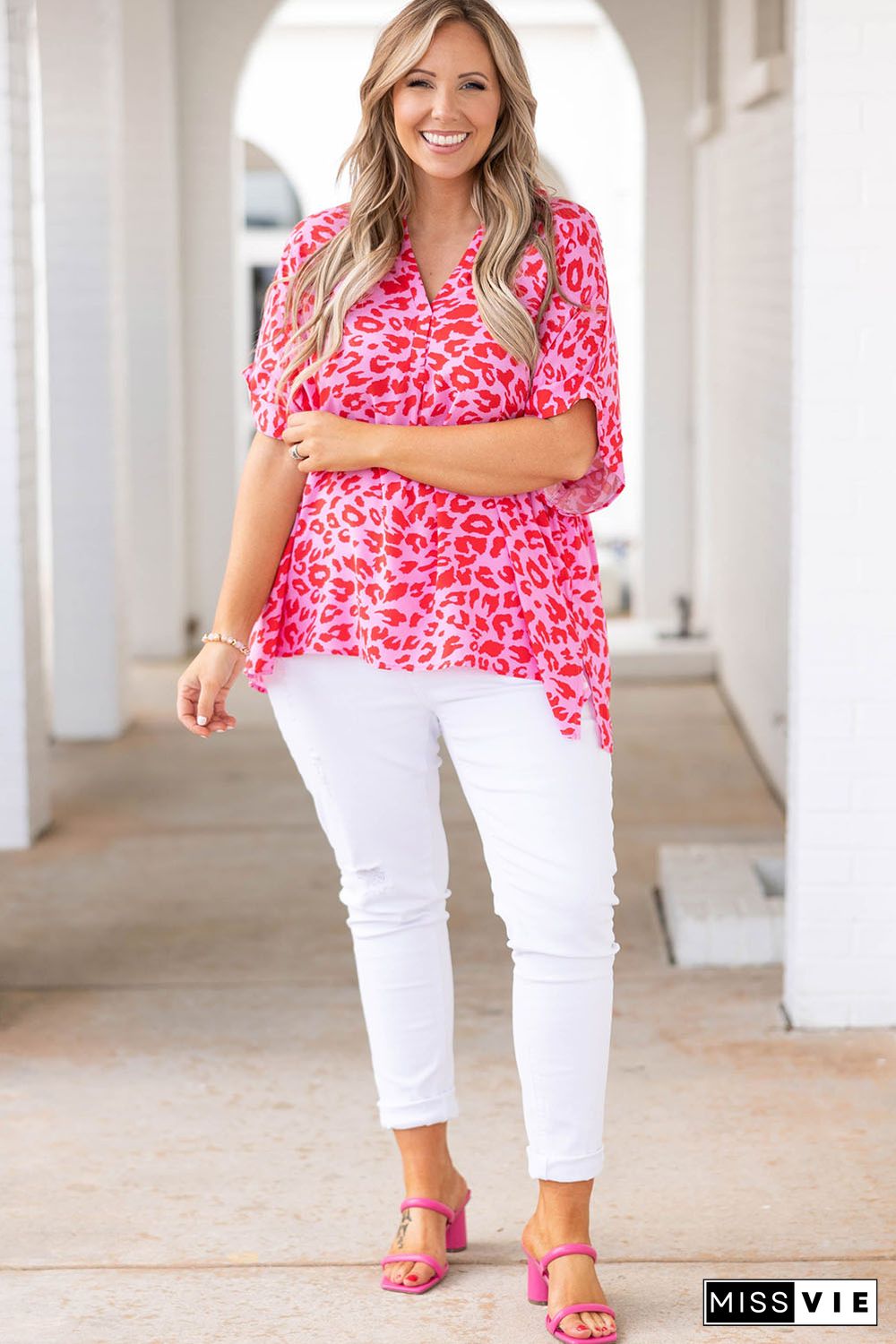 Rose Leopard Print V Neck Half Sleeve Plus Size Blouse