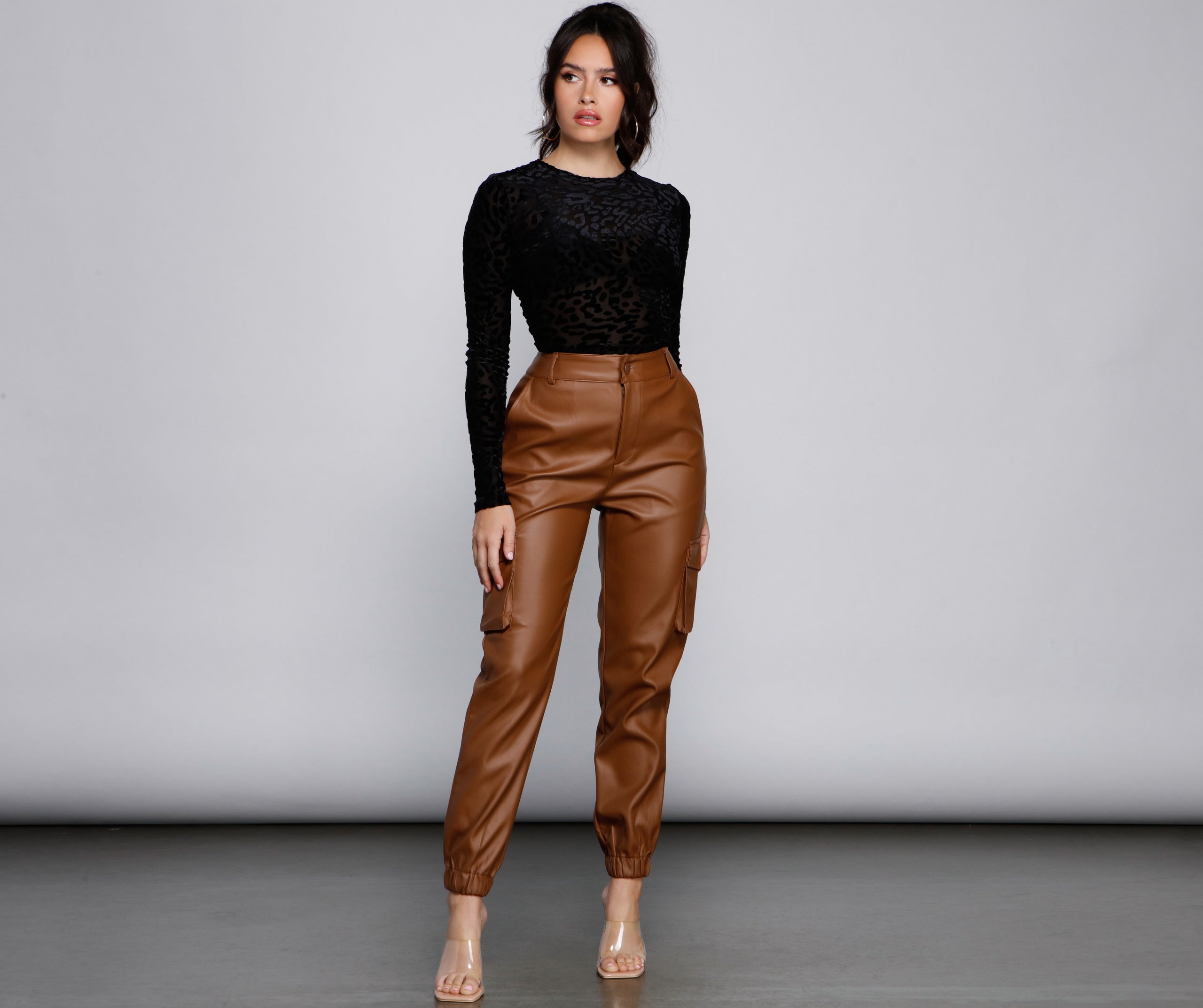 High Waist Faux Leather Cargo Pants