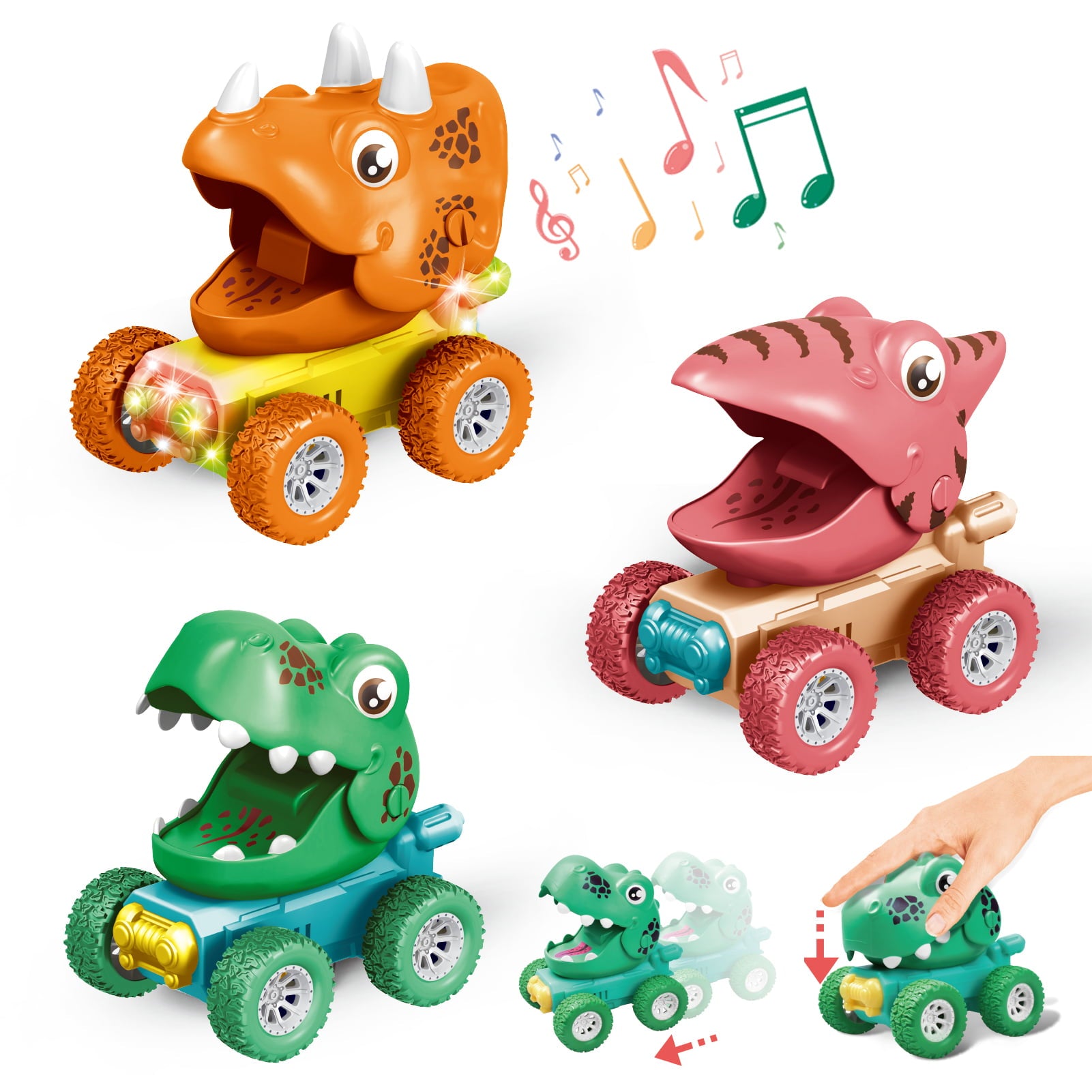 Baby Dinosaur Toy Cars for 1 2 3 Year Old Toddlers， 3-Pack Press and Go Dino Trucks for Kids Infants， Birthday Christmas Gift Toys Vehicles for Boys Girls Age 18 Months and Up