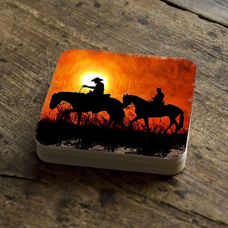 Cowboy Sunset Ride Wooden Cork Coasters Gift Set of 4 by Nature Wonders