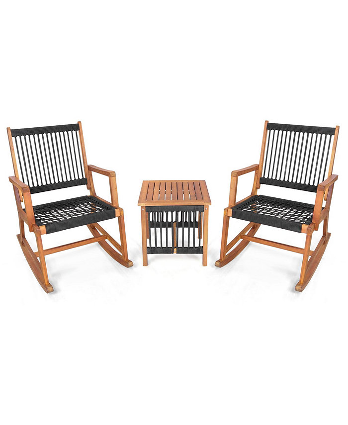 Costway 3pcs Patio Acacia Wood Bistro Table Rocking Chair Set All-Weather Rope Outdoor