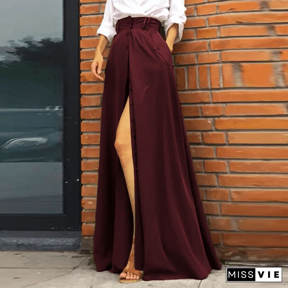 Women Umbrella Long Skirt A Line Dress Buttons High Waist Pleated Casual Loose Maxi Skirts Plus Size