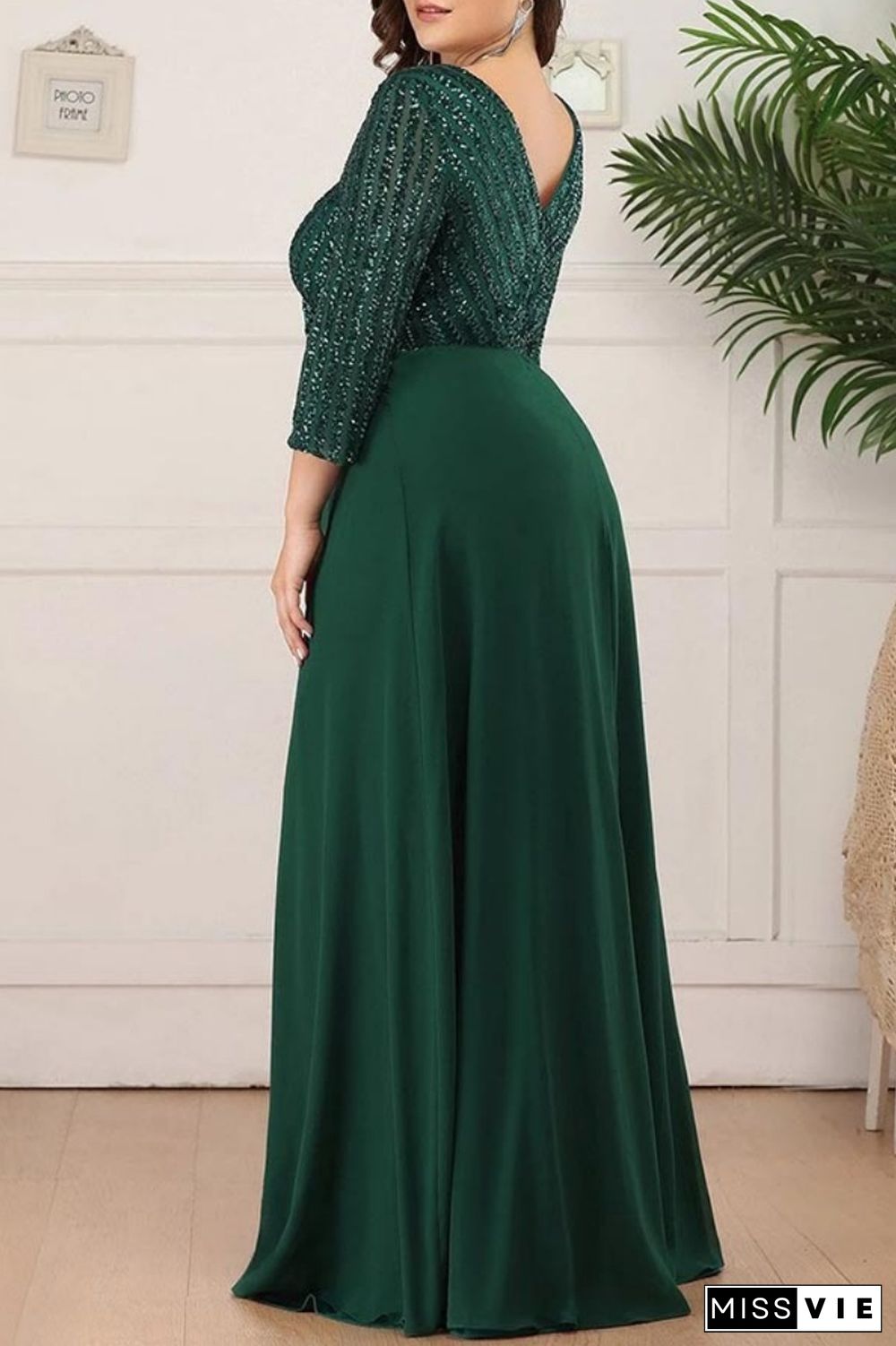 Sexy Formal Solid Sequins Patchwork V Neck Evening Dress Plus Size Dresses