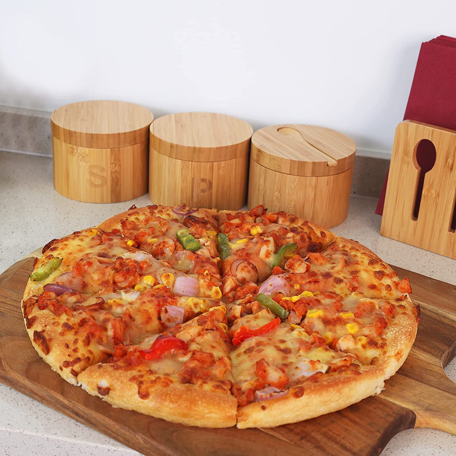 Acacia Wood Pizza Board With Cutter， 19 x 12 Inch Paddle Board Great for Homemade Pizza， Cheese and Charcuterie