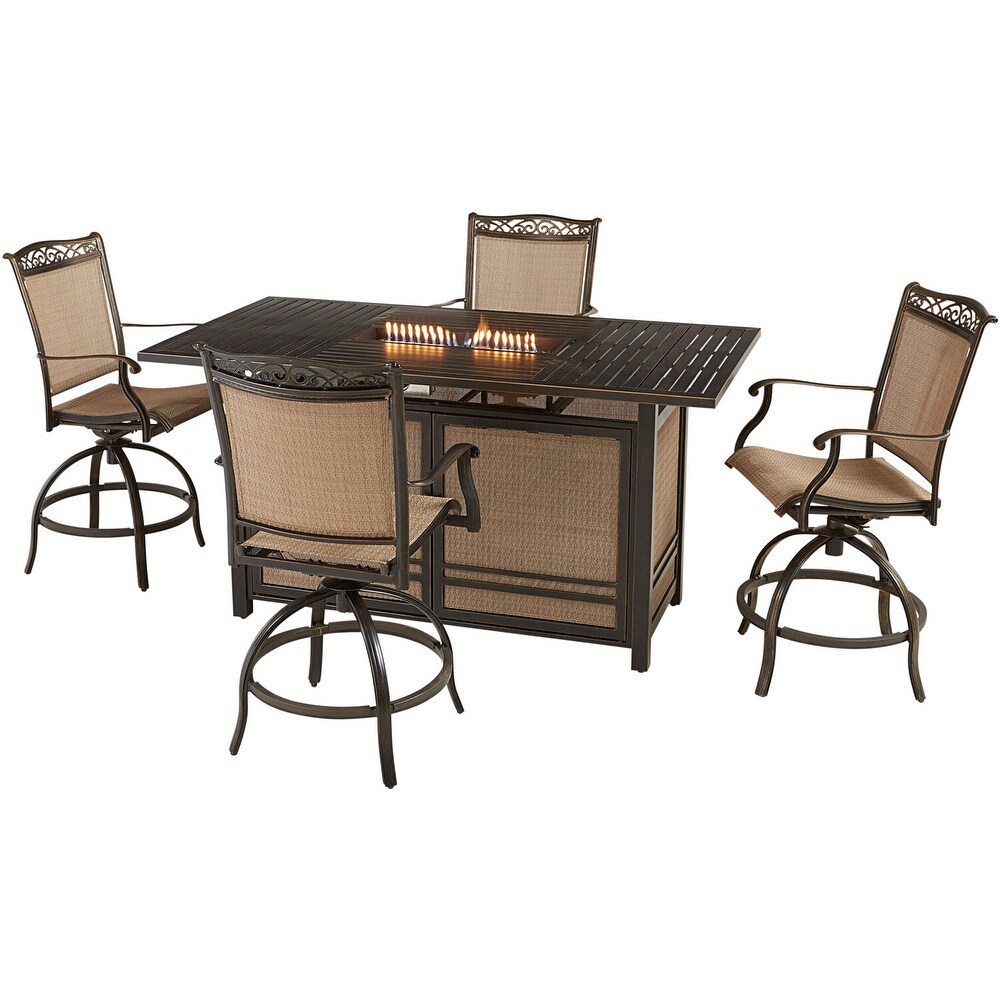 Hanover Fontana 5 Piece High Dining Set in Tan with 4 Counter Height Swivel Chairs and a 30 000 BTU Fire Pit Dining Table