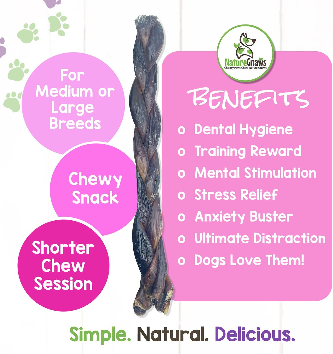 Nature Gnaws 11-12-inch Braided Beef Jerky Dog Chews， 5 count