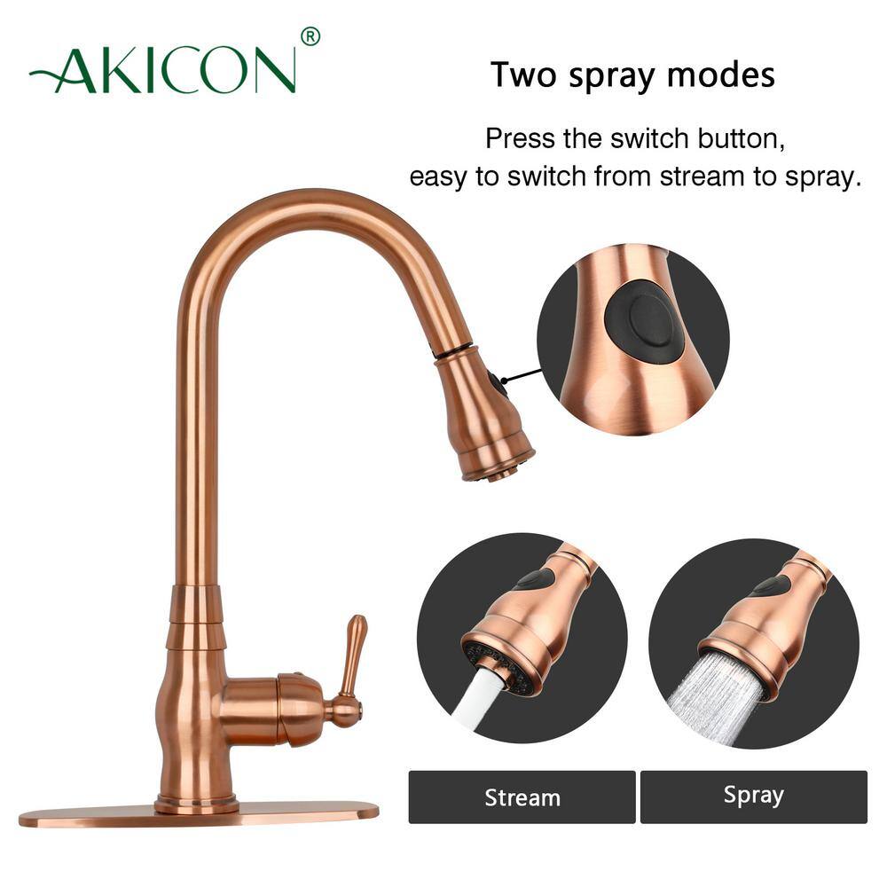 Akicon Single-Handle Pull-Down Sprayer Kitchen Faucet with Deck Plate in Copper AK418-D-C