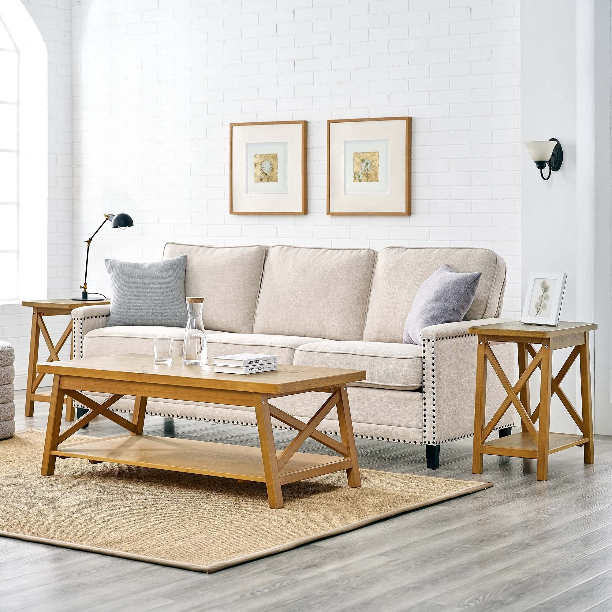 Modern Farmhouse Solid Wood Coffee Table with Storage Shelf， 47