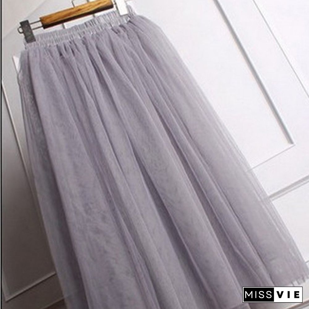 Women Summer Elastic High Waist 4 Layers Tulle Skirts Ladies Long Mesh Skirt Womens Maxi Pleated Skirt