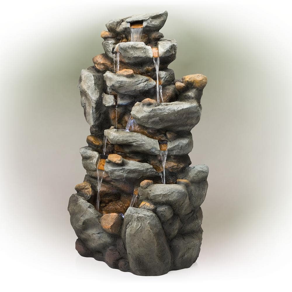 Alpine Corporation 50 in. Tall Outdoor 8-Tier Rock Waterfall Fountain with LED Lights, Grey TZL130