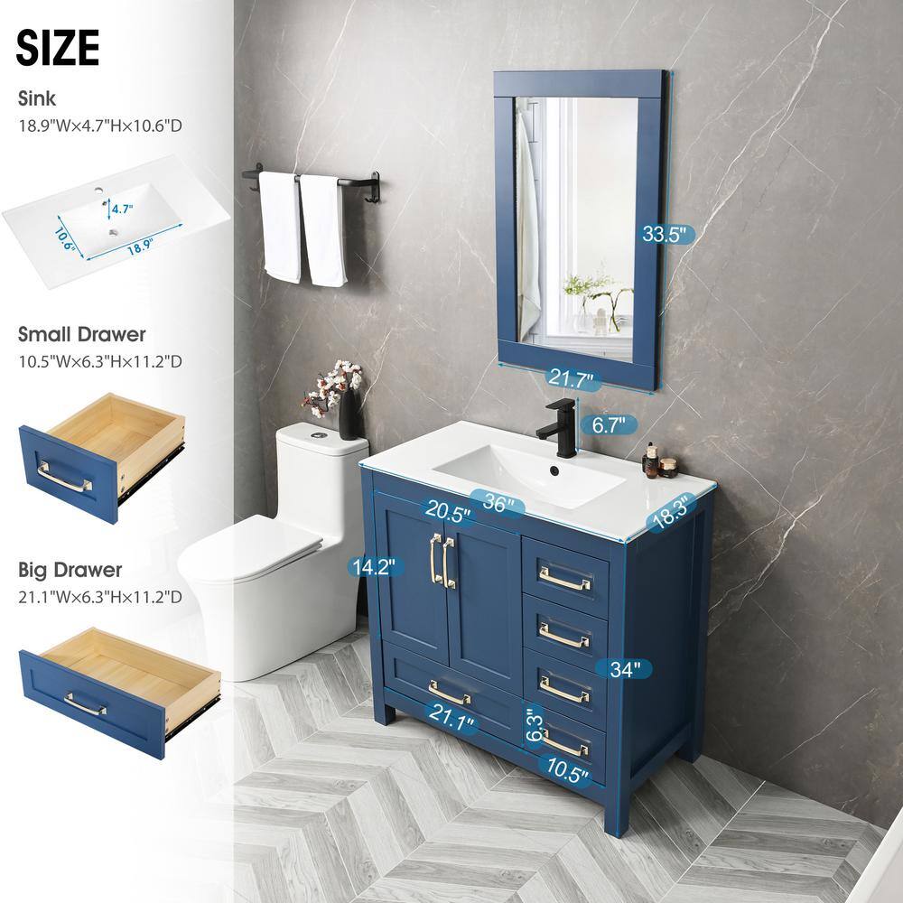 eclife 36 in.  W x 18.3 in.  D x 34 in  H Single Sink Bath Vanity in Blue with White Ceramic Top and Mirror Drain Faucet Set BV019BU+VS020