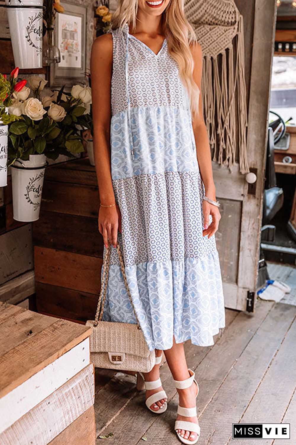 Sky Blue Abstract Print Split Neck Sleeveless Maxi Dress