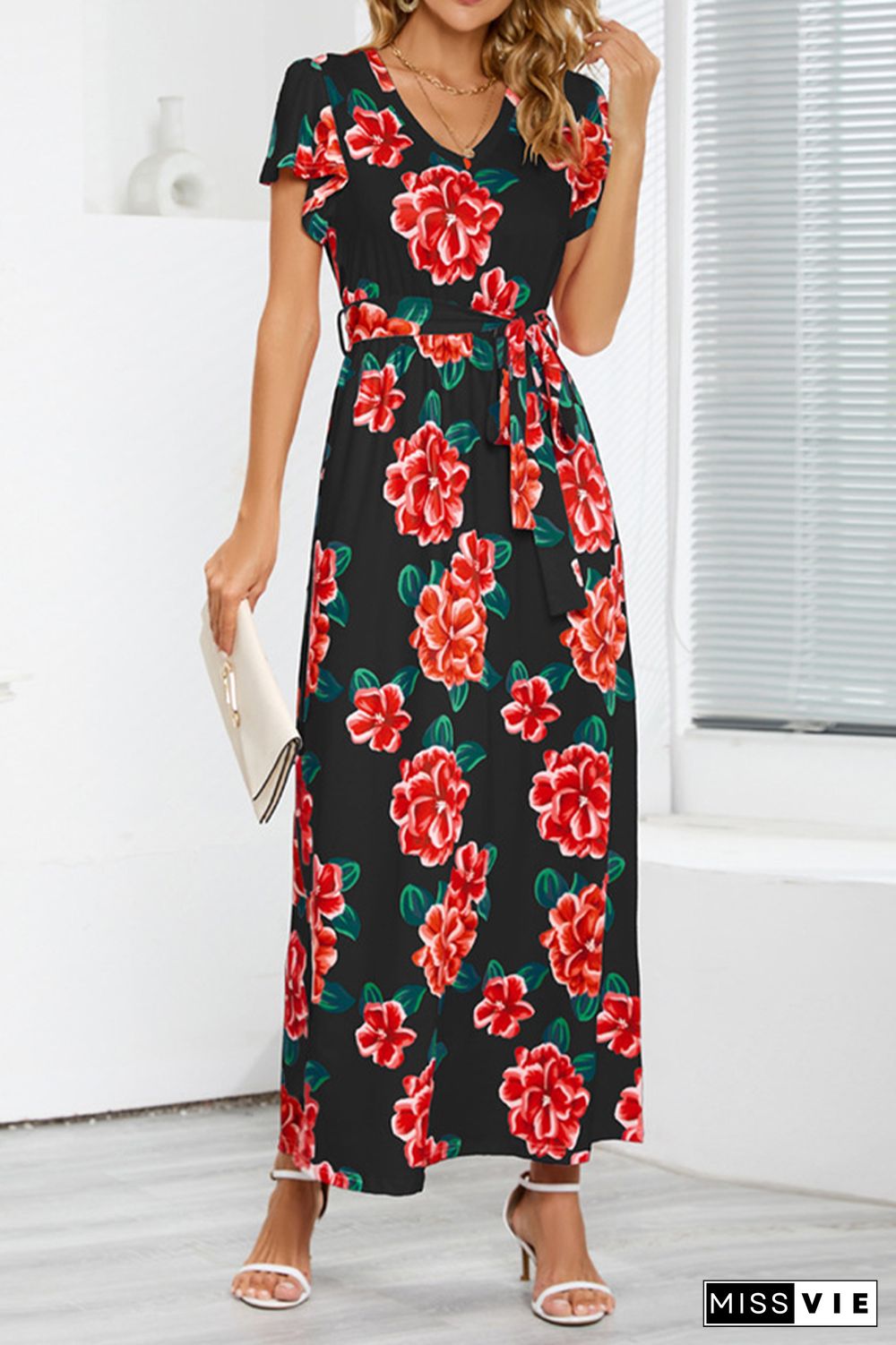 V Neck Short Sleeves Floral Maxi Dress