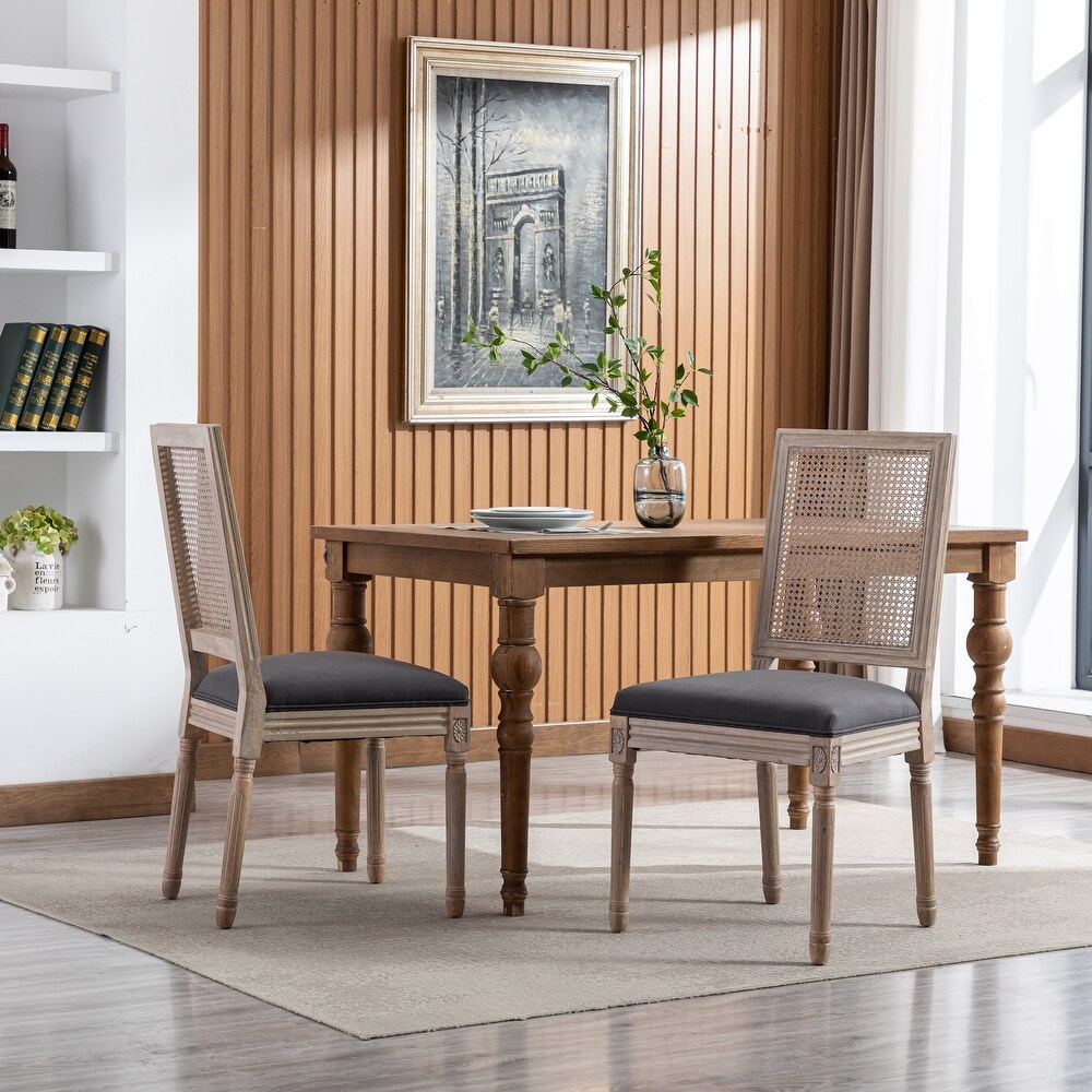 French Style Rattan Back Dining Chairs with Linen Fabric Upholstered Accent Side Chairs and Solid Wood Legs Seat of 2