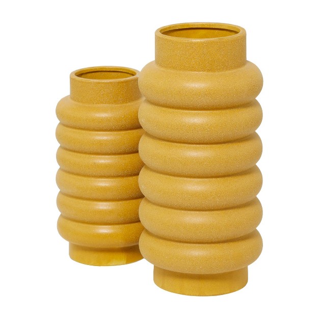 Set Of 2 Ceramic Vase With Ring Ribbing Yellow Cosmoliving By Cosmopolitan