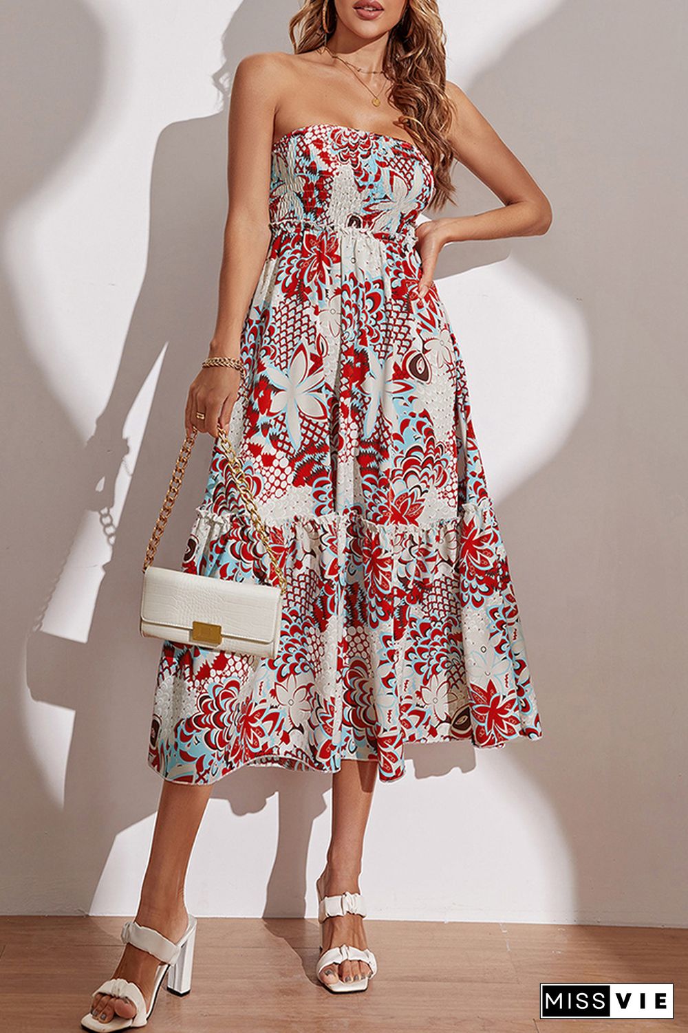 Strapless Smocked Bandeau High Waist Floral Midi Dress