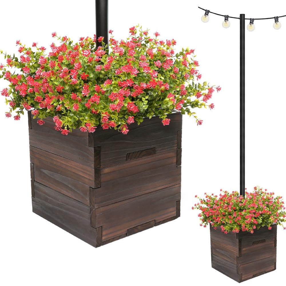 EXCELLO GLOBAL PRODUCTS Extra Large 18 in. Dark Brown Wooden Planter Box with String Light Pole Sleeve EGP-HD-0478-OS-BRW