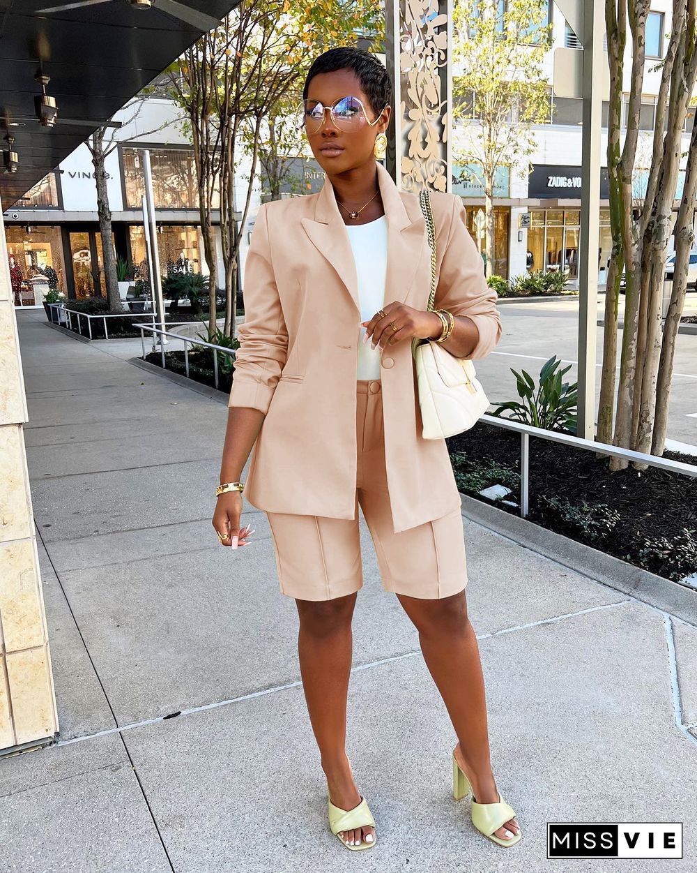 Solid Color Office Lady Blazer Two Piece Shorts Suit