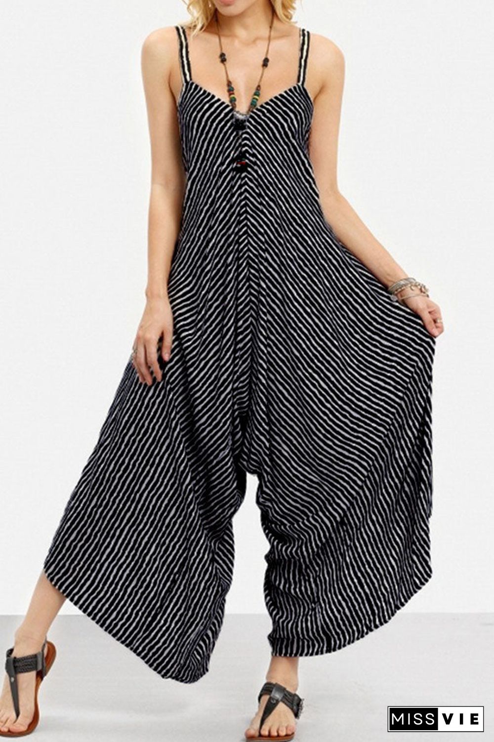 Fashion Casual Striped Split Joint Spaghetti Strap Loose Jumpsuits