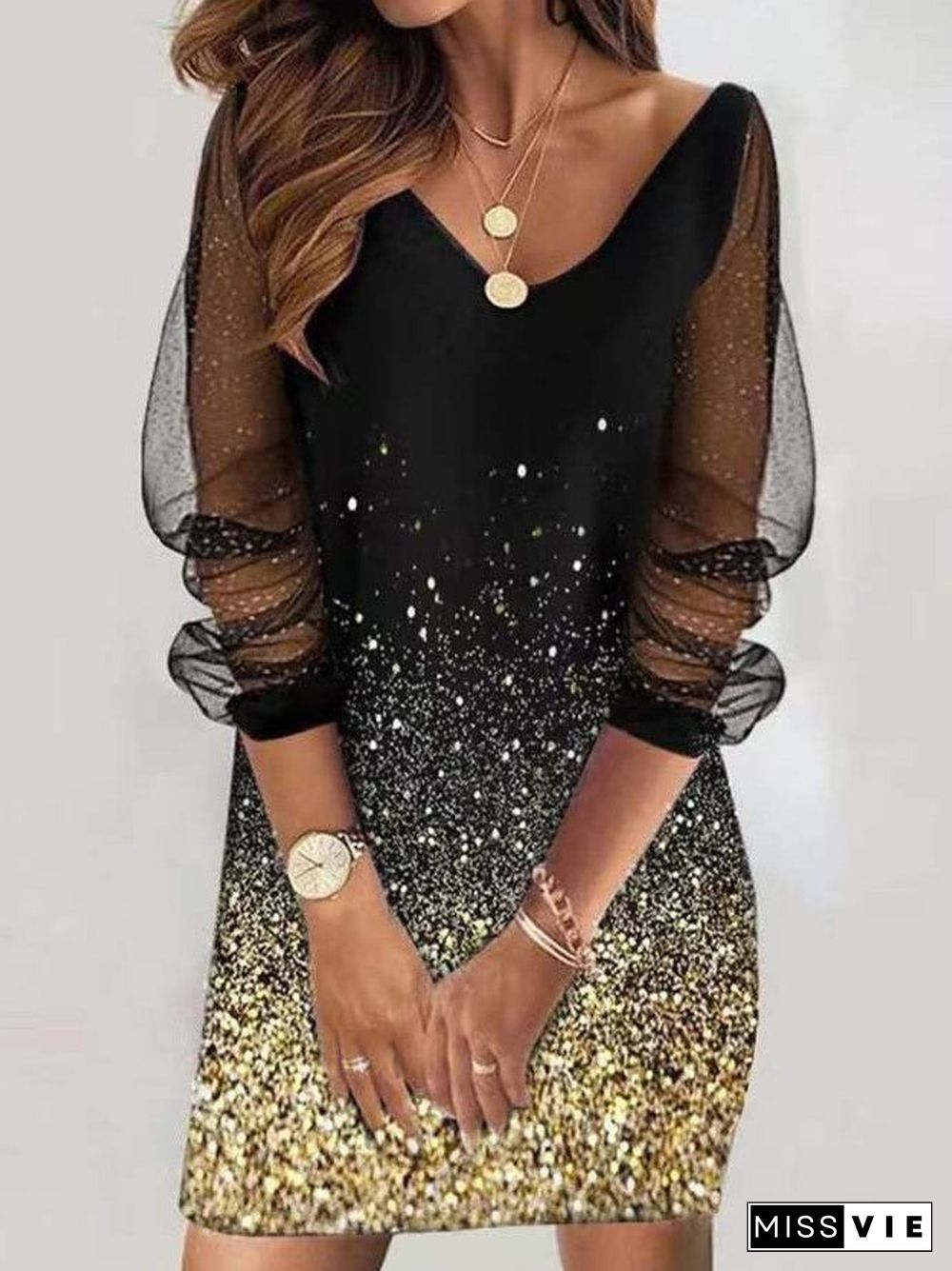 Women's Long Sleeve V-neck Stitching Graphic Midi Dress